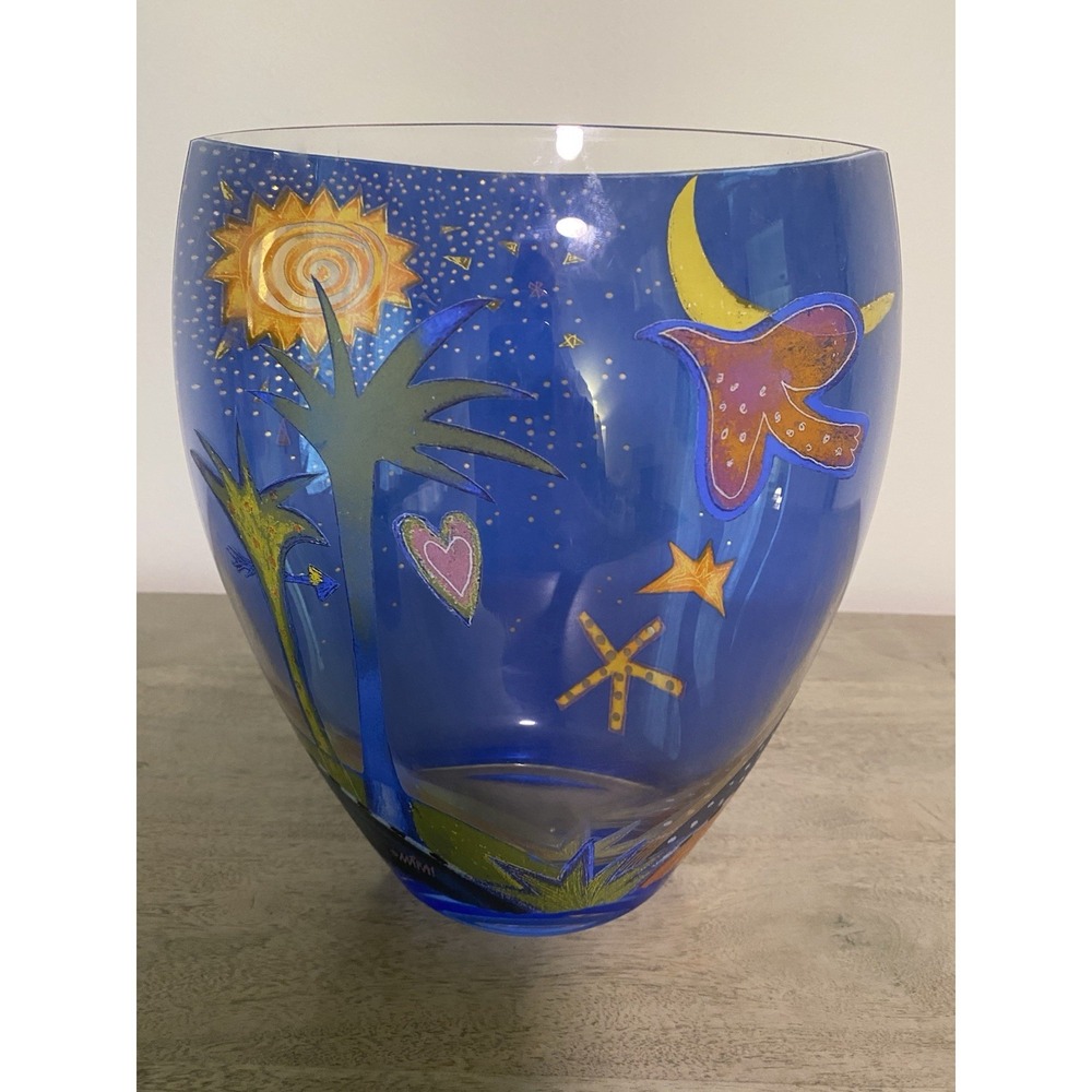 Celestial Whimsigoth Blue Art Glass Vase Signed Mára Moon Sun Dove Star Decor - Picture 2 of 7